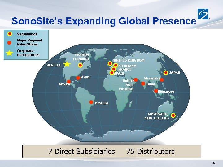 Sono. Site’s Expanding Global Presence Subsidiaries Major Regional Sales Offices Corporate Headquarters CANADA (Toronto)