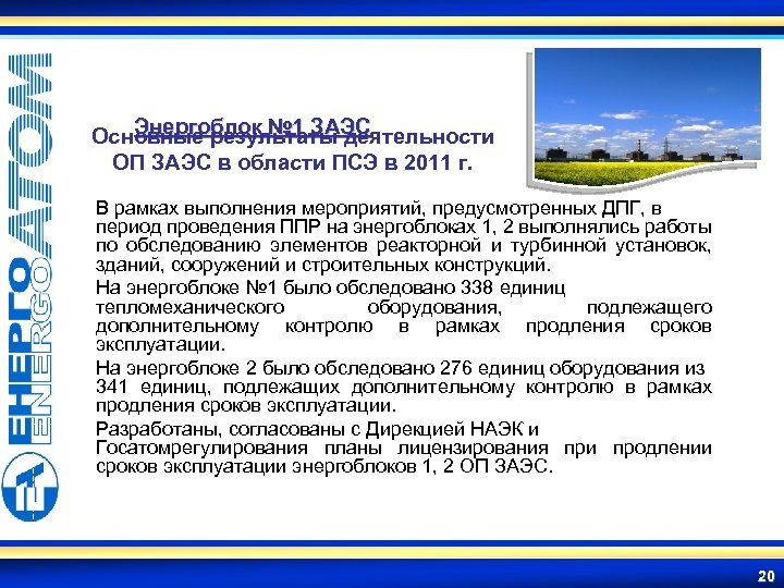 Энергоблок № 1 ЗАЭС Основные результаты деятельности ОП ЗАЭС в области ПСЭ в 2011