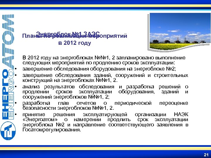 Энергоблок № 1 З мероприятий Планы по реализации АЭС в 2012 году • •