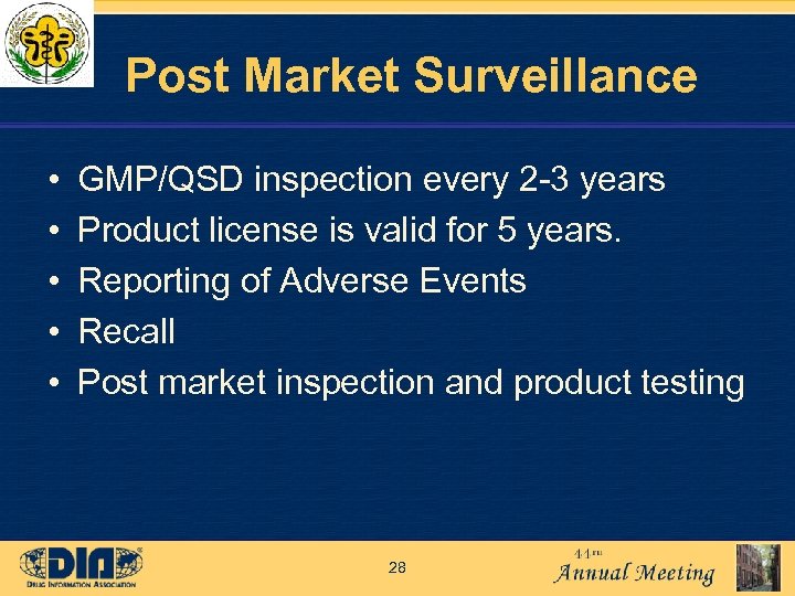 Post Market Surveillance • • • GMP/QSD inspection every 2 -3 years Product license