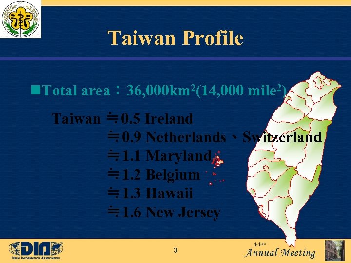 Taiwan Profile n. Total area： 36, 000 km 2(14, 000 mile 2) Taiwan ≒