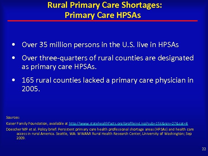 Rural Primary Care Shortages: Primary Care HPSAs • Over 35 million persons in the