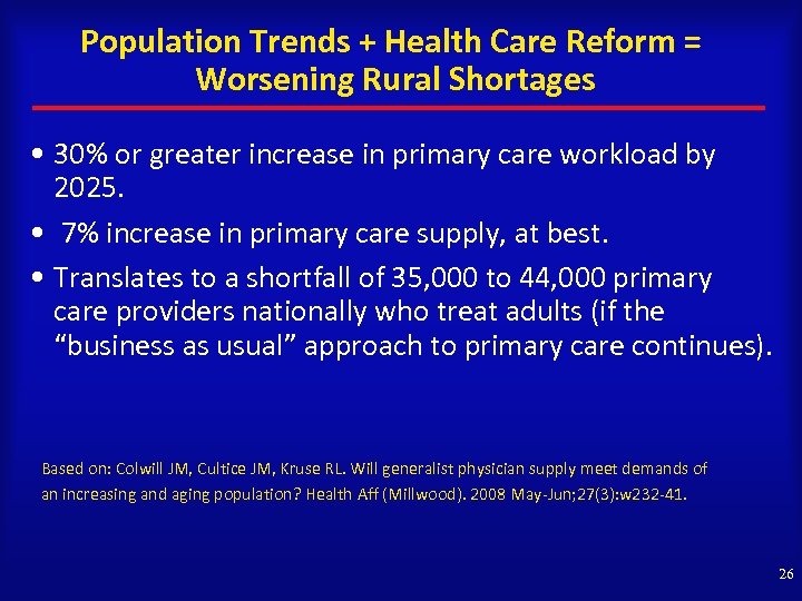Population Trends + Health Care Reform = Worsening Rural Shortages • 30% or greater
