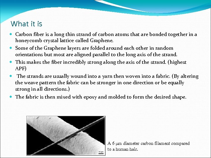 What it is Carbon fiber is a long thin strand of carbon atoms that