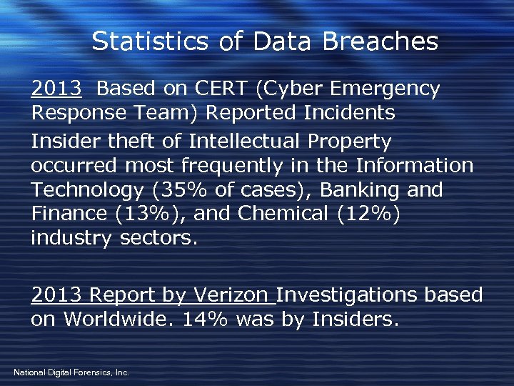 Statistics of Data Breaches 2013 Based on CERT (Cyber Emergency Response Team) Reported Incidents