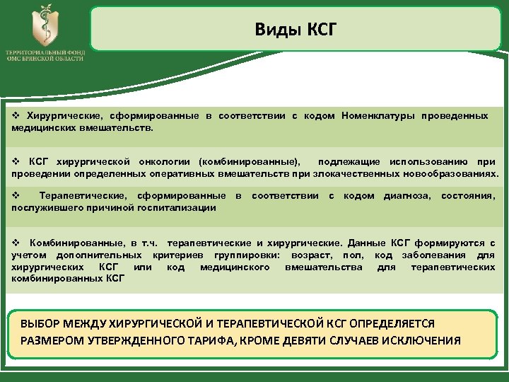 Виды КСГ v Хирургические, сформированные в соответствии с кодом Номенклатуры проведенных медицинских вмешательств. v