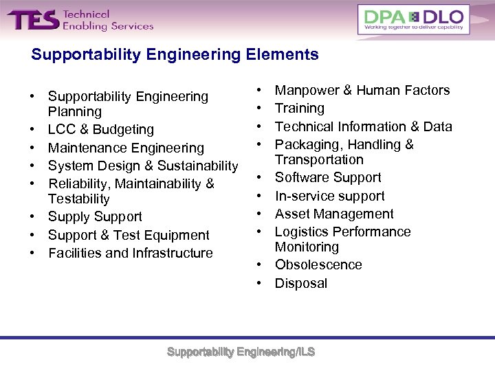 Supportability Engineering Elements • Supportability Engineering Planning • LCC & Budgeting • Maintenance Engineering