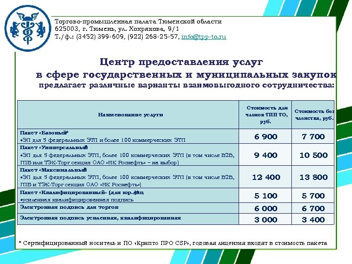 Торгово-промышленная палата Тюменской области 625003, г. Тюмень, ул. Хохрякова, 9/1 Т. /ф. : (3452)