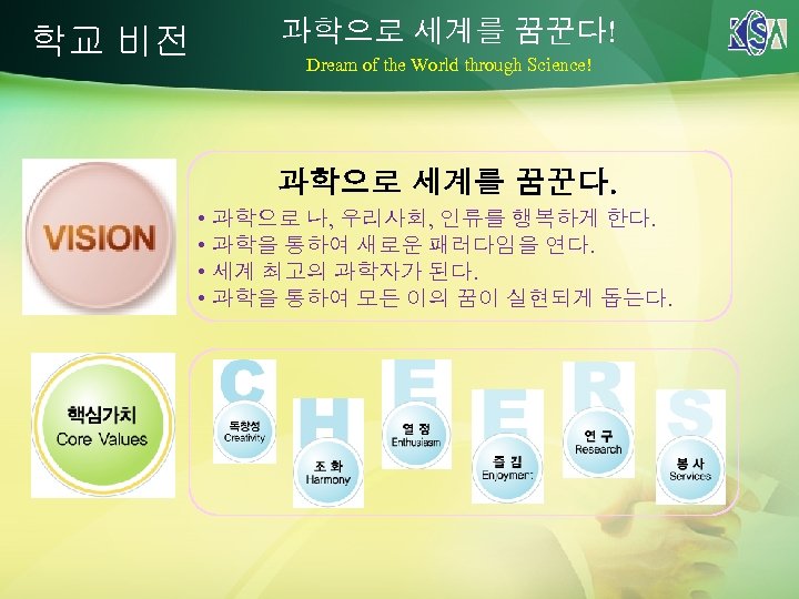 학교 비전 과학으로 세계를 꿈꾼다! Dream of the World through Science! 과학으로 세계를 꿈꾼다.