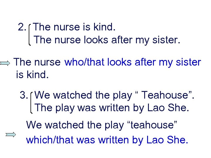 2. The nurse is kind. The nurse looks after my sister. The nurse who/that