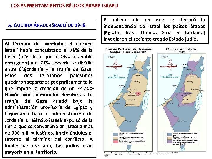 LOS ENFRENTAMIENTOS BÉLICOS ÁRABE-ISRAELI A. GUERRA ÁRABE-ISRAELÍ DE 1948 Al término del conflicto, el
