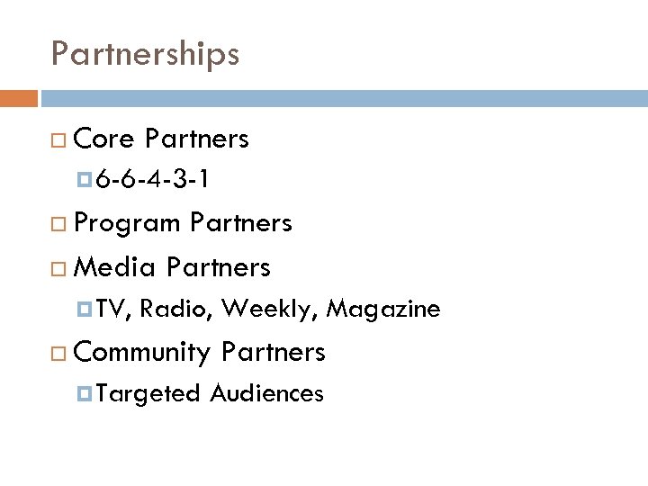 Partnerships Core Partners 6 -6 -4 -3 -1 Program Partners Media Partners TV, Radio,