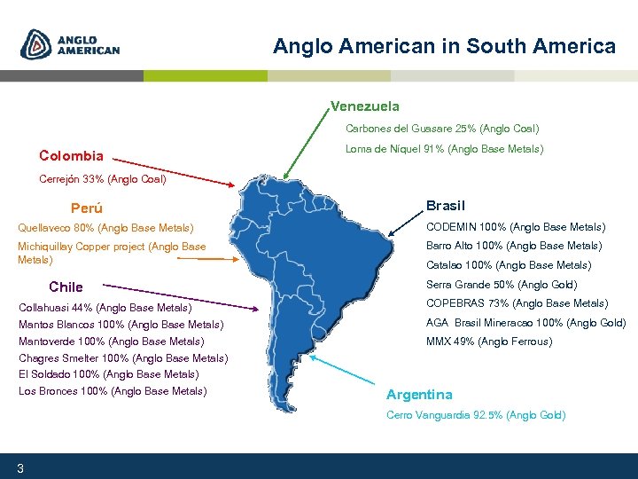 Anglo American in South America Venezuela Carbones del Guasare 25% (Anglo Coal) Colombia Loma