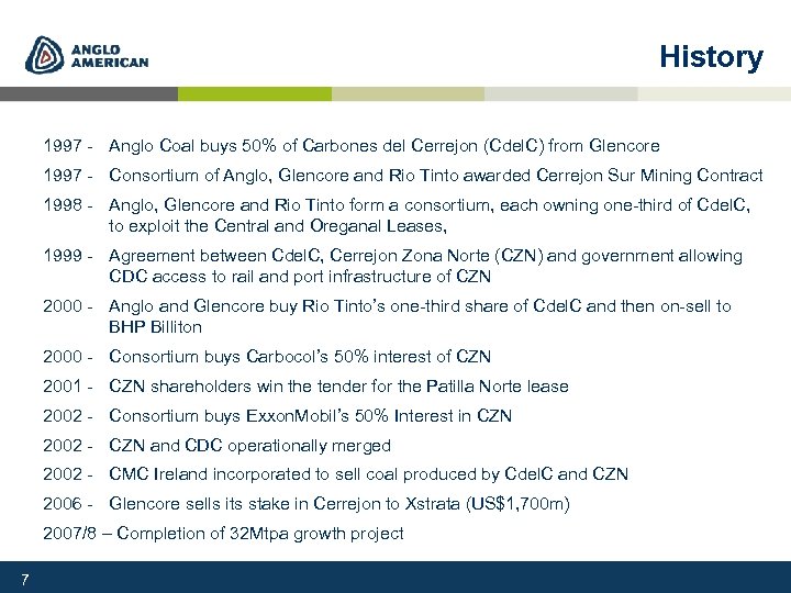 History 1997 - Anglo Coal buys 50% of Carbones del Cerrejon (Cdel. C) from