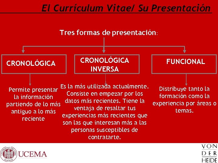 El Currículum Vitae/ Su Presentación Tres formas de presentación: CRONOLÓGICA INVERSA FUNCIONAL Es la