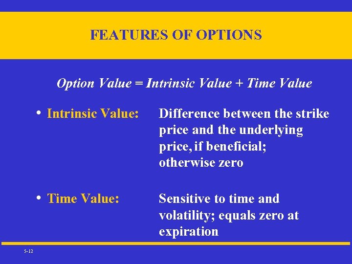 FEATURES OF OPTIONS Option Value = Intrinsic Value + Time Value • Intrinsic Value: