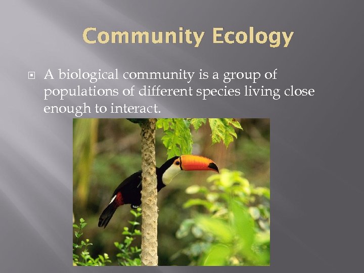 Community Ecology A biological community is a group of populations of different species living