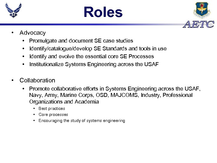 Roles • Advocacy • • Promulgate and document SE case studies Identify/catalogue/develop SE Standards