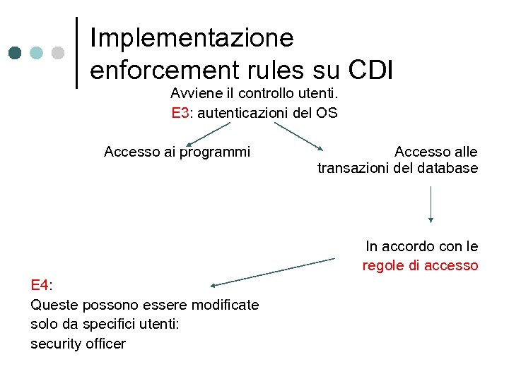 Implementazione enforcement rules su CDI Avviene il controllo utenti. E 3: autenticazioni del OS