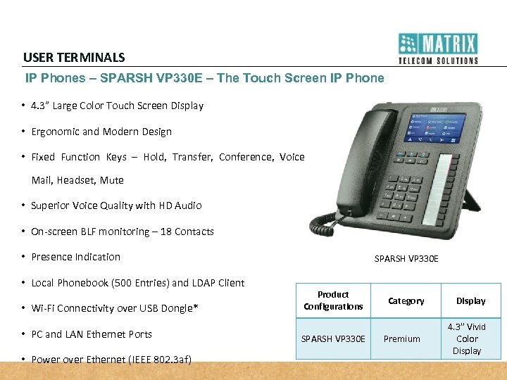 USER TERMINALS IP Phones – SPARSH VP 330 E – The Touch Screen IP