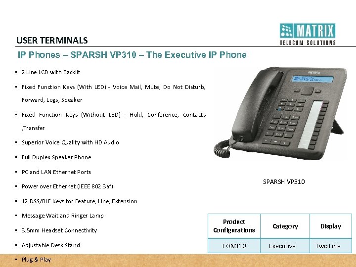 USER TERMINALS IP Phones – SPARSH VP 310 – The Executive IP Phone •
