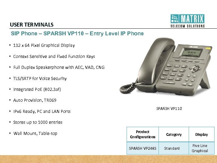 USER TERMINALS SIP Phone – SPARSH VP 110 – Entry Level IP Phone •