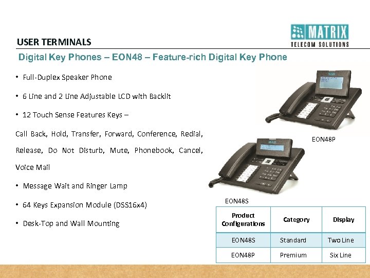 USER TERMINALS Digital Key Phones – EON 48 – Feature-rich Digital Key Phone •