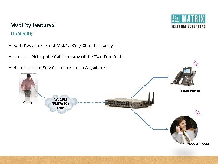 Mobility Features Dual Ring • Both Desk phone and Mobile Rings Simultaneously • User