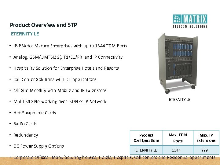Product Overview and STP ETERNITY LE • IP-PBX for Mature Enterprises with up to