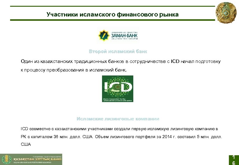 Участники исламского финансового рынка Второй исламский банк Один из казахстанских традиционных банков в сотрудничестве