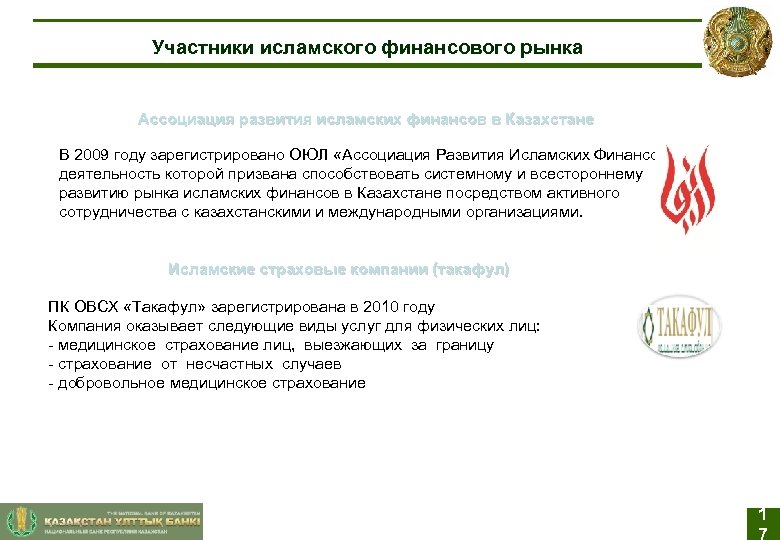 Участники исламского финансового рынка Ассоциация развития исламских финансов в Казахстане В 2009 году зарегистрировано