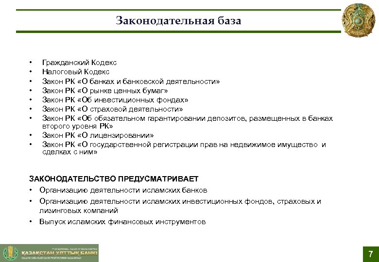 Законодательная база • • • Гражданский Кодекс Налоговый Кодекс Закон РК «О банках и