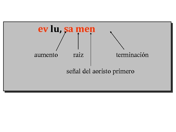 ev lu, sa men aumento raiz terminación señal del aoristo primero 