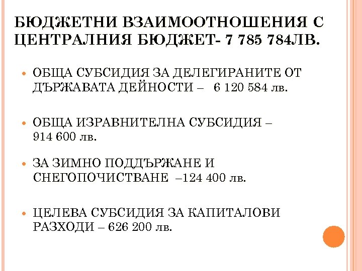 БЮДЖЕТНИ ВЗАИМООТНОШЕНИЯ С ЦЕНТРАЛНИЯ БЮДЖЕТ- 7 785 784 ЛВ. ОБЩА СУБСИДИЯ ЗА ДЕЛЕГИРАНИТЕ ОТ