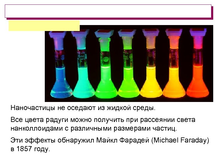 Наночастицы не оседают из жидкой среды. Все цвета радуги можно получить при рассеянии света