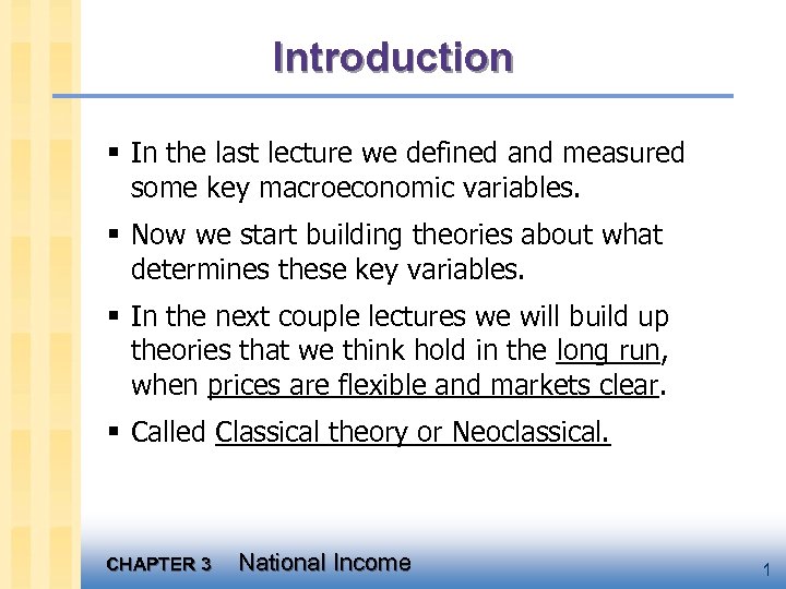 Introduction § In the last lecture we defined and measured some key macroeconomic variables.