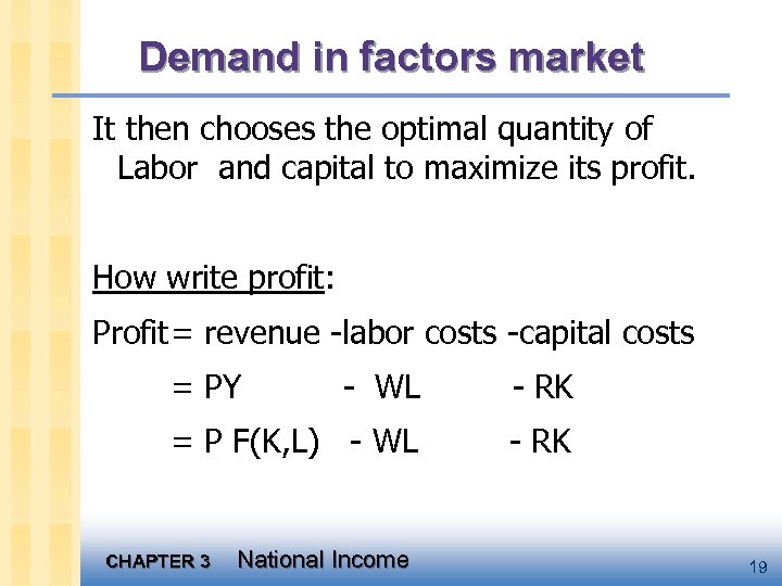 Demand in factors market It then chooses the optimal quantity of Labor and capital