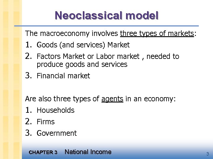 Neoclassical model The macroeconomy involves three types of markets: 1. Goods (and services) Market