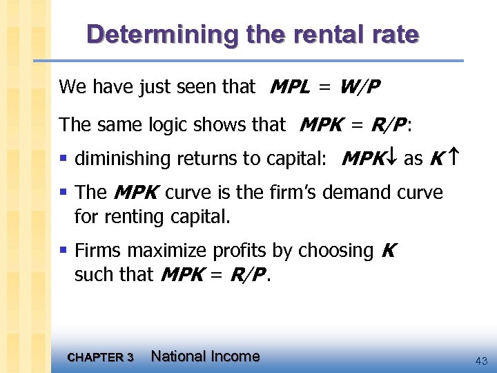 Determining the rental rate We have just seen that MPL = W/P The same