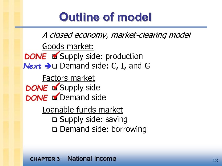 Outline of model A closed economy, market-clearing model Goods market: DONE q Supply side: