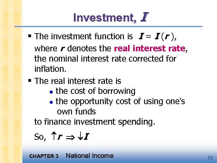 Investment, I § The investment function is I = I (r ), where r