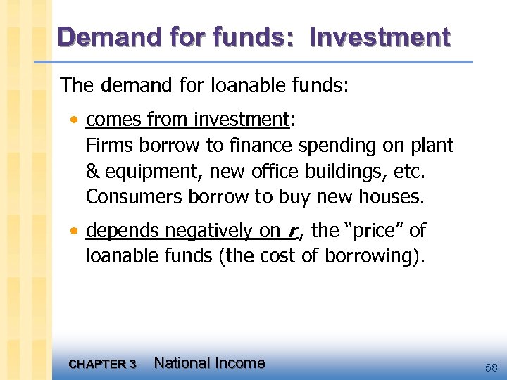 Demand for funds: Investment The demand for loanable funds: • comes from investment: Firms