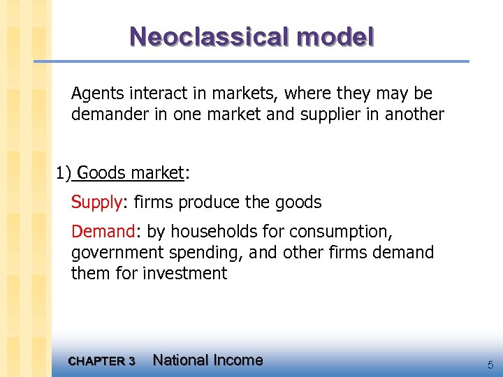 Neoclassical model Agents interact in markets, where they may be demander in one market