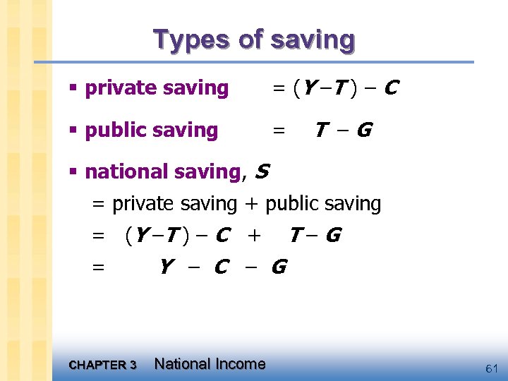 Types of saving § private saving = ( Y –T ) – C §