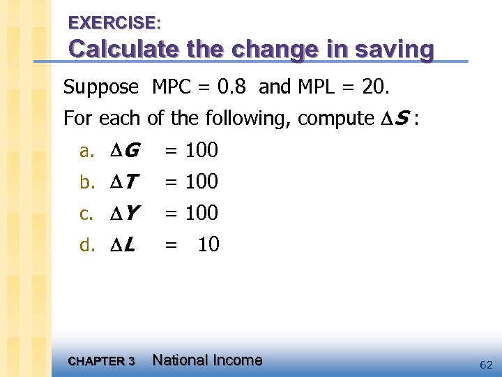 EXERCISE: Calculate the change in saving Suppose MPC = 0. 8 and MPL =