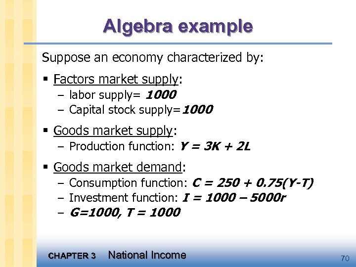 Algebra example Suppose an economy characterized by: § Factors market supply: – labor supply=