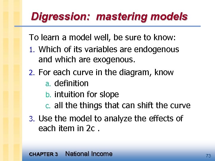 Digression: mastering models To learn a model well, be sure to know: 1. Which