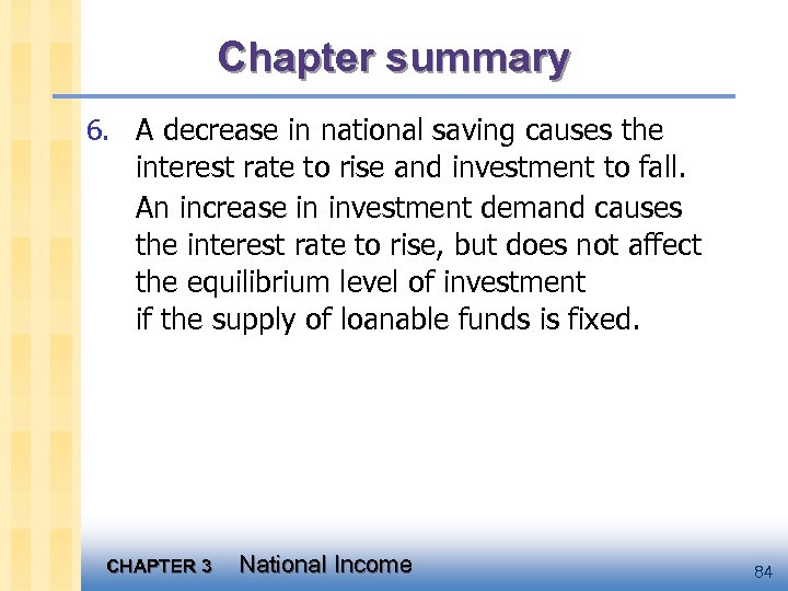 Chapter summary 6. A decrease in national saving causes the interest rate to rise