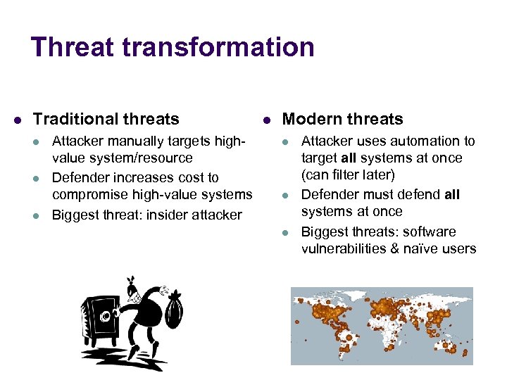 Threat transformation l Traditional threats l l l Attacker manually targets highvalue system/resource Defender