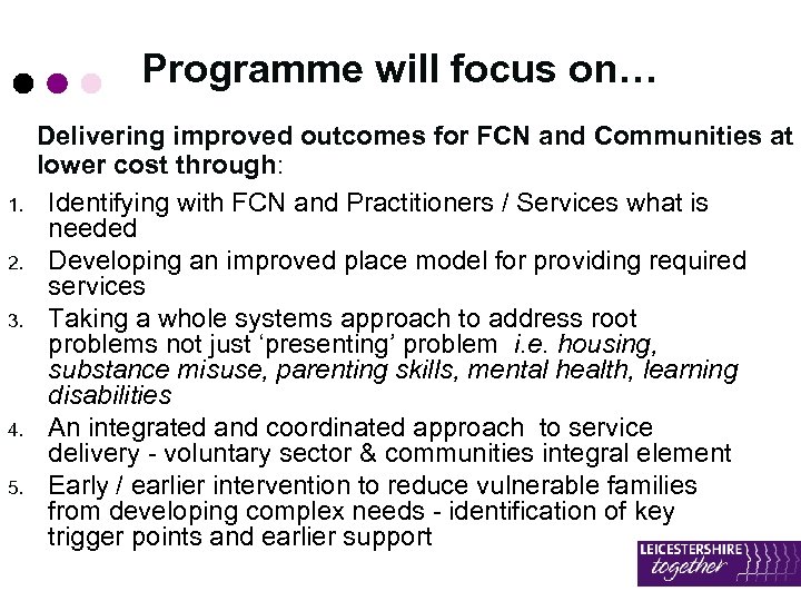 Programme will focus on… 1. 2. 3. 4. 5. Delivering improved outcomes for FCN